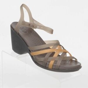 Crocs Huarache Brown Gold Strappy Wedge Sandal Shoes Womens size 6 Casual
